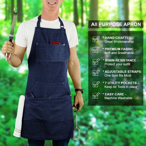 😍NWOT 1 PC UNISEX PREMIUM DENIM APRON BLUE | ALL PURPOSE KITCHEN BBQ WORK PAINT - Picture 3 of 9